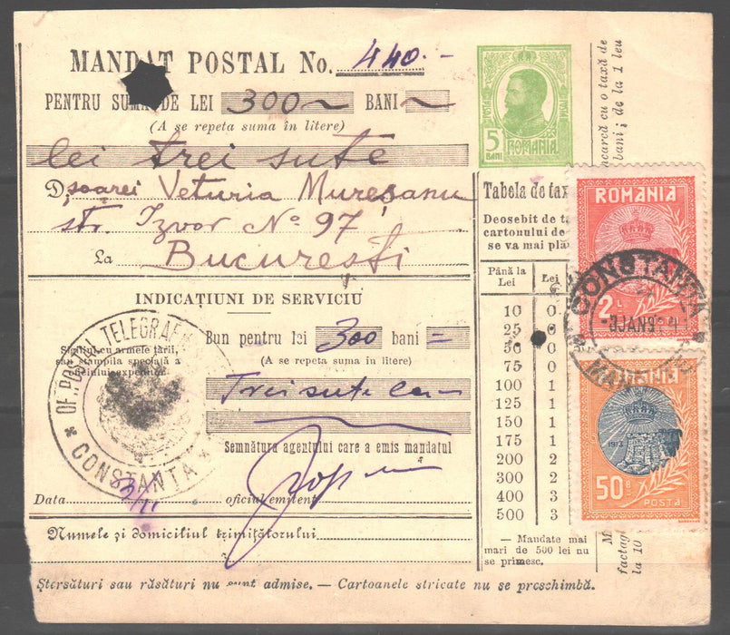 Romania 1913 Mandat Postal Silistra Taxa de Plata Constanta - Bucuresti (TIP B)