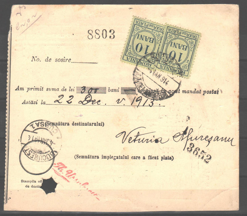 Romania 1913 Mandat Postal Silistra Taxa de Plata Constanta - Bucuresti (TIP B)