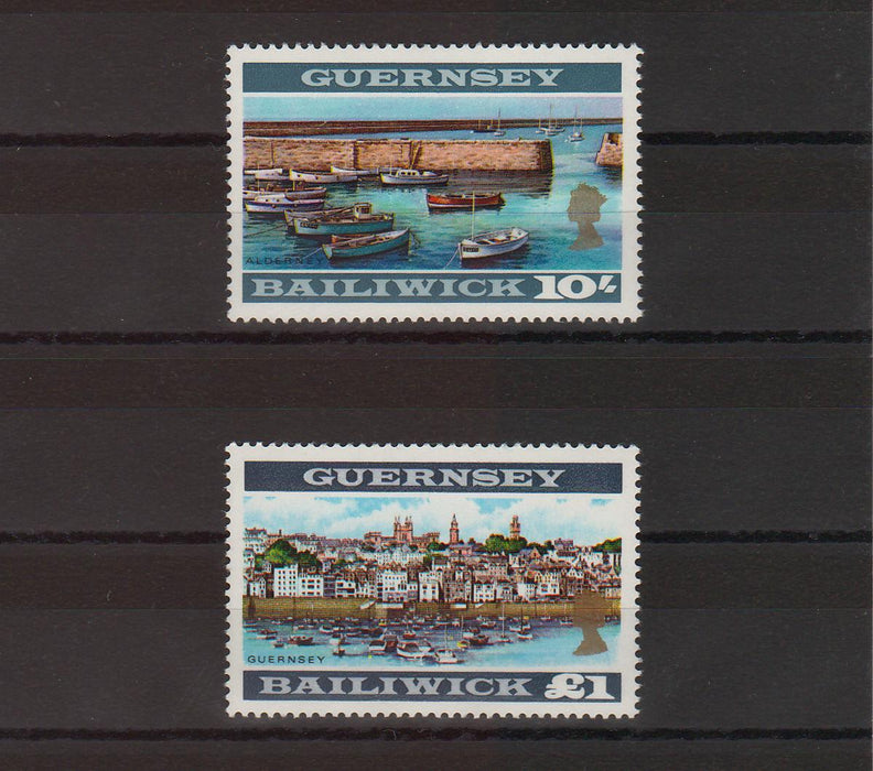 Guernsey 1969-70  Bailiwick Scenes 10sh multicolored perf 13 1/2 x 13 cv. 57.50$ , £1 multicolored perf 12 1/2 cv. 4.50$ (TIP A)
