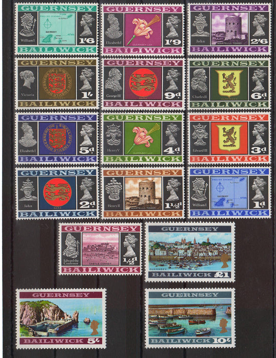 Guernsey 1969-70 William the Conquerer, Queen Elizabeth II and Map of Bailiwick Scenes cv. 47.50$ (TIP A)