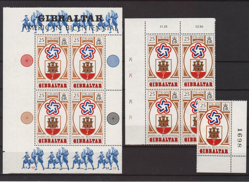 Gibraltar 1976 American Bicentenary Emblem single + block x4 + souvenir sheet c.v. 9.00$ - (TIP A) in Stamps Mall