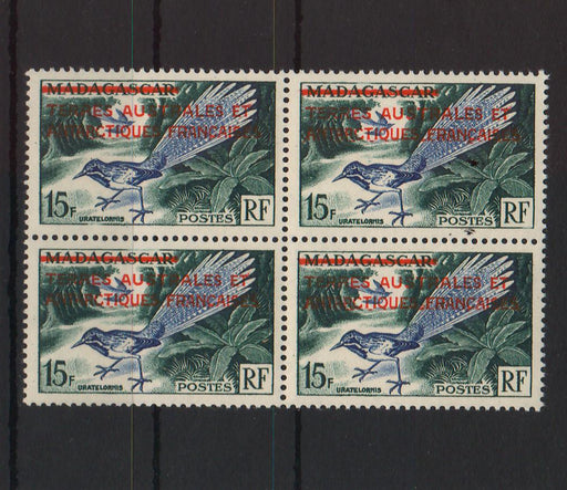 French Southern & Antarctic Territory 1955 Madagascar stamp overprinted in red block of 4 c.v. 60.00$ - (TIP C) in Stamps Mall