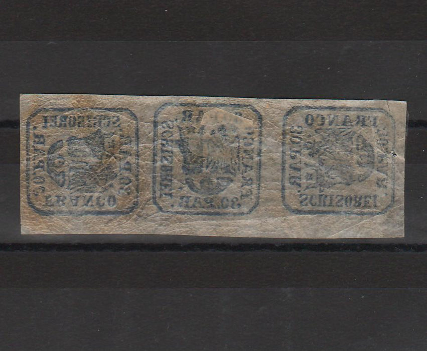 Romania 1864 Principatele Unite 30PAR tipar de masina straif de 3 timbre O-V-O (TIP F)
