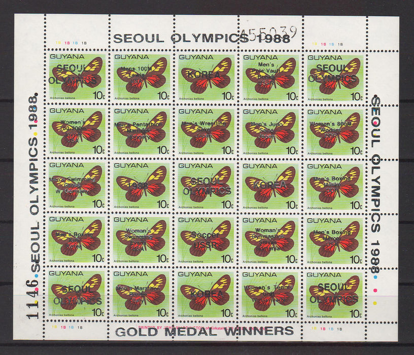 Guyana 1977 Butterflies 10c surcharged 1988 Olympic Games Seoul sheet of 25 cv. 45.00$ (TIP A)