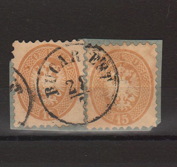 Romania 1864 Austria Levant Stema in oval 2 x 15Sld stampila ''BUCAREST'' dantelat 9 1/2 fragment (TIP A)