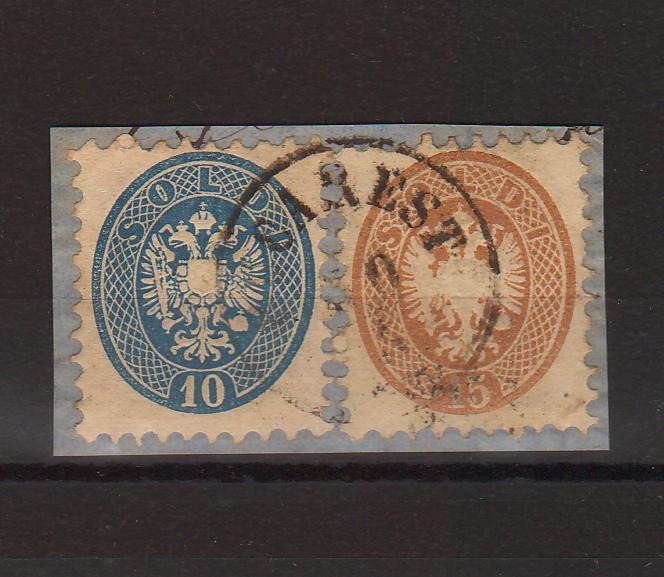 Romania 1864 Austria Levant Stema in oval 10Sld & 15Sld stampila ''BUCAREST'' dantelat 9 1/2 fragment (TIP A)