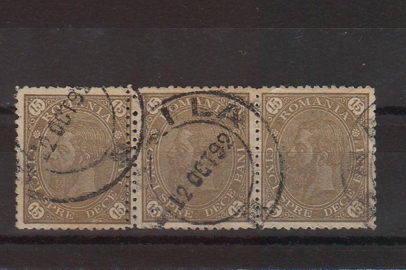 Romania 1890/91 Carol I Cifra in patru colturi fara filigran 15 BANI stampila BRAILA streif x3 (TIP A)